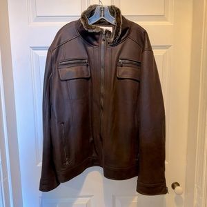 Calvin Klein Men's Brown Leather Bomber Jacket with Fur Collar